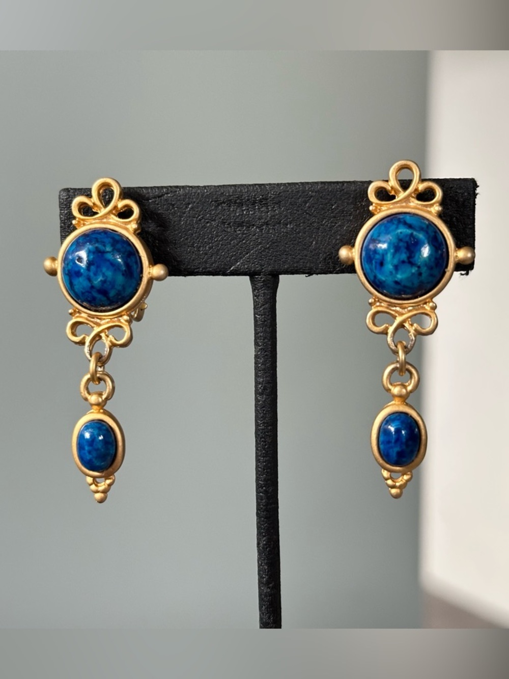 Faux Lapis Stone Victorian Style Matte Gold Clip Earrings Medieval Renaissance